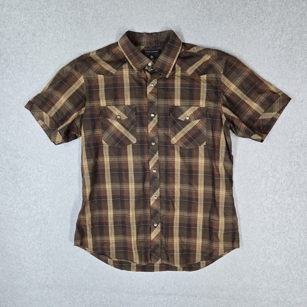 Banana Republic Men Button Up Shirt XL Brown Casual Shirt Plaid Western